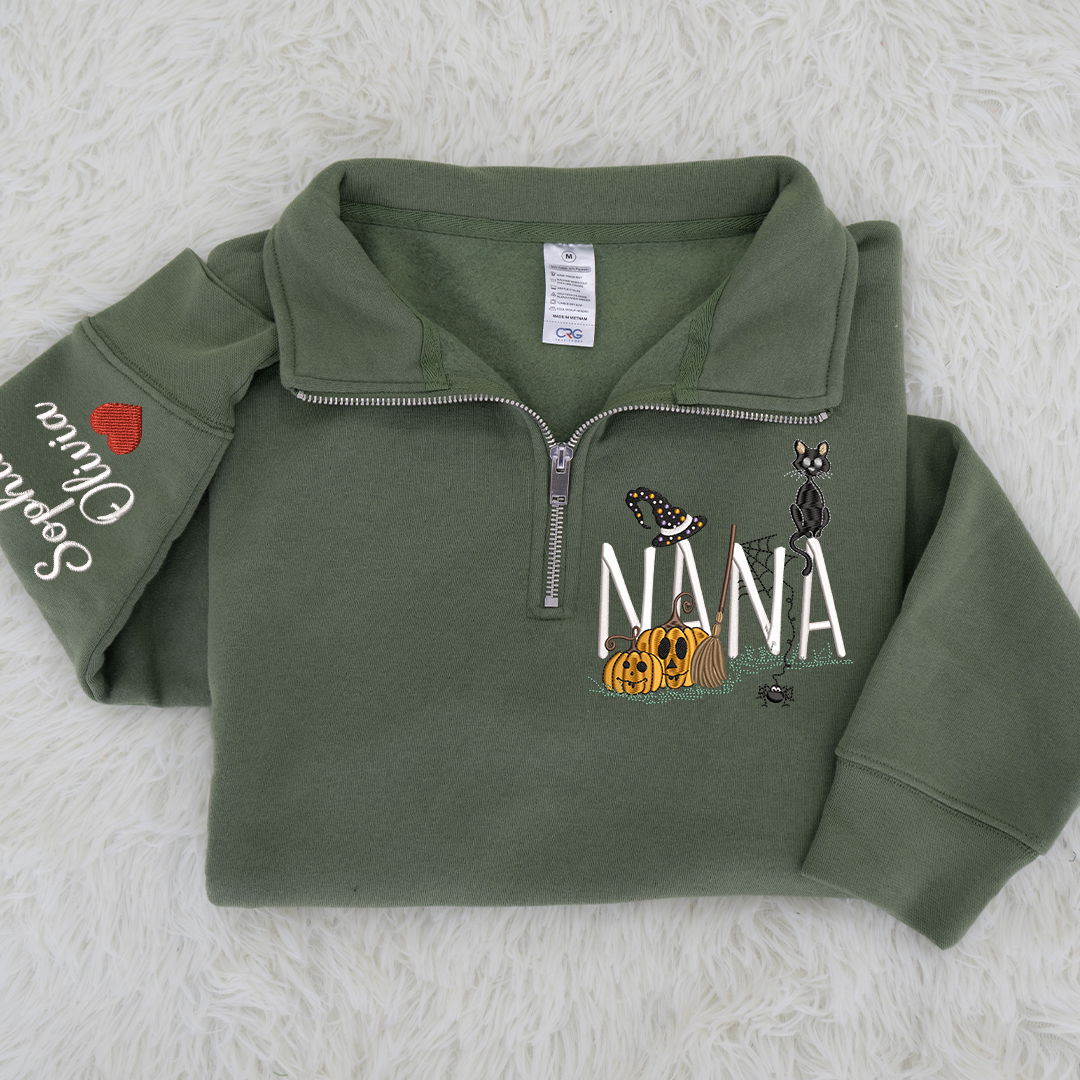 Personalized Nana Halloween Quarter Zip, Custom Embroidered Pumpkin Sweatshirt