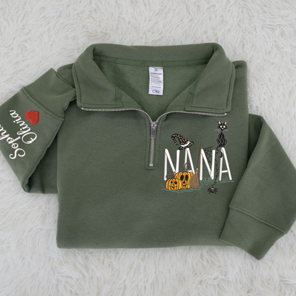 Personalized Nana Halloween Quarter Zip, Custom Embroidered Pumpkin Sweatshirt