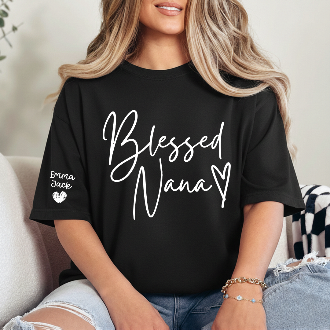 Blessed Nana Personalized T-Shirt, Custom Family Names Tee with Heart Design