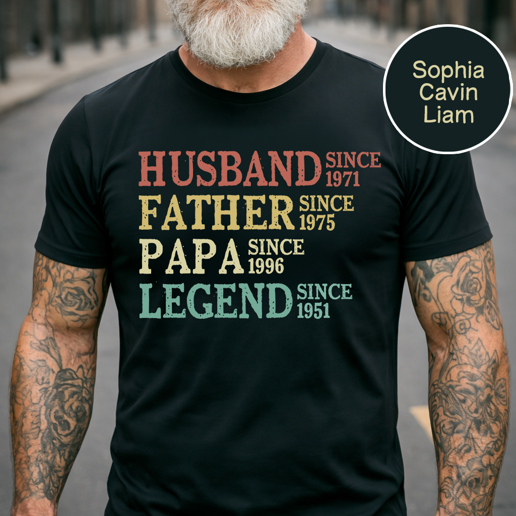 Husband, Father, Papa, Legend Custom T Shirt with Year Established, Personalized Family Shirt