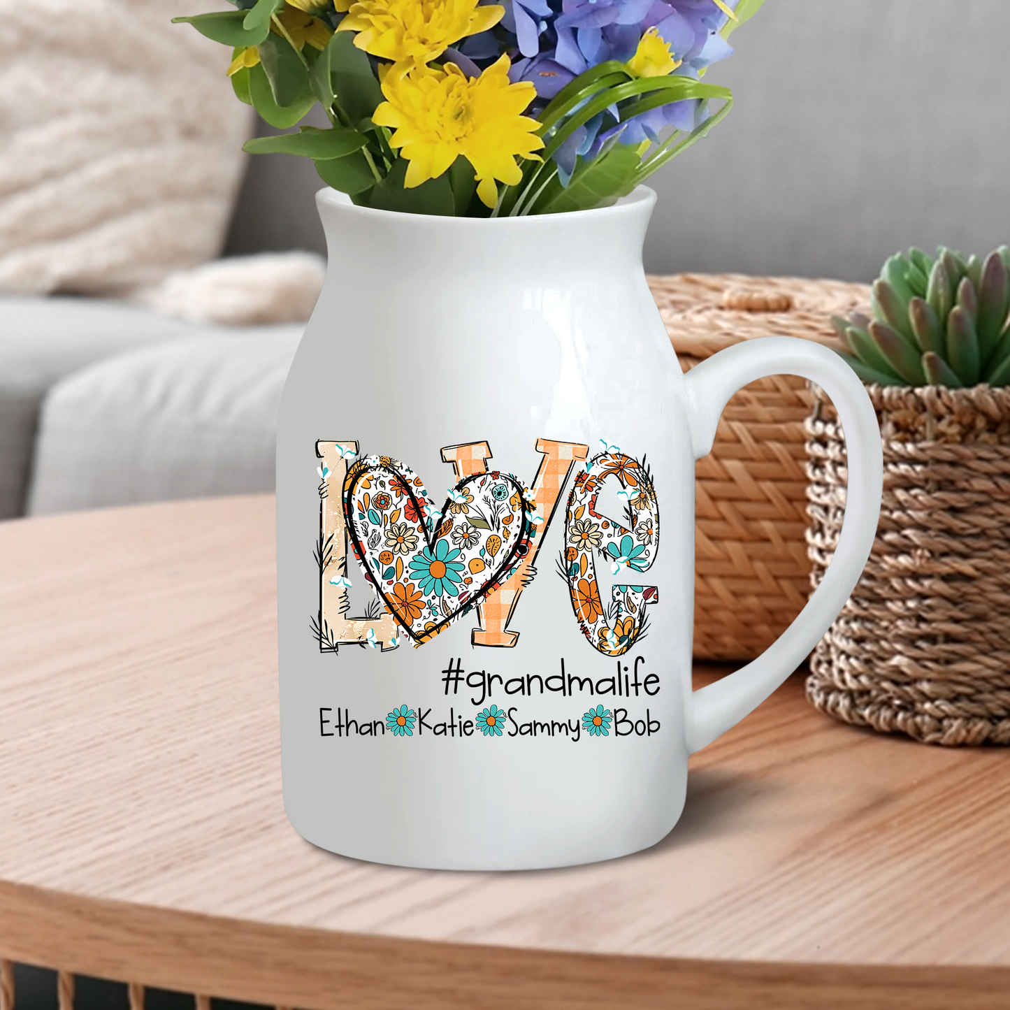 Love Grandma And Kid - Custom Home Decoration Flower Vase According To Family Requirements - Warm Gift For Mother's Day, Ceramic Flower Vase