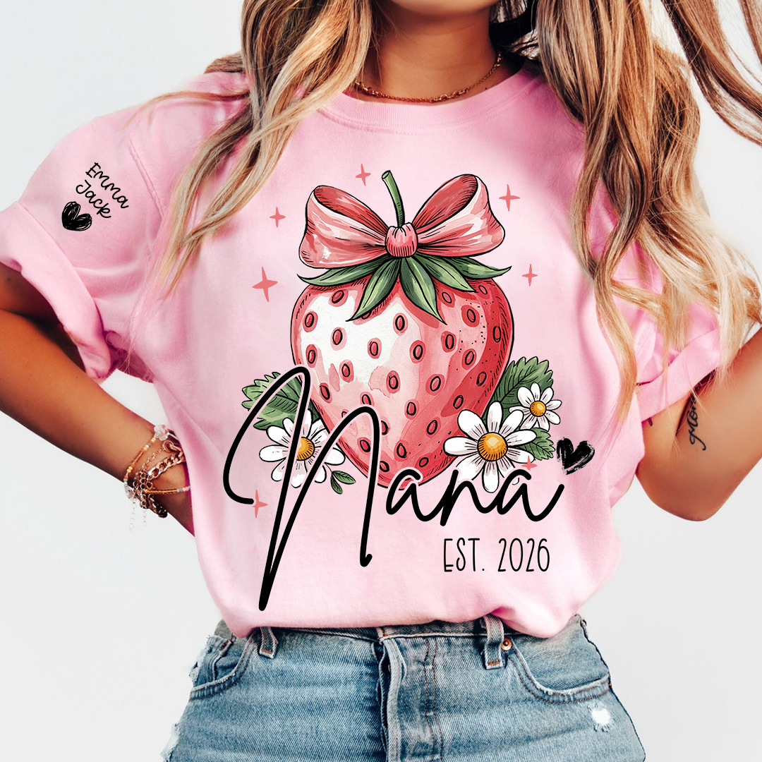 Mimi Strawberry Shirt, Cute Bow Floral Graphic Tee, Personalized Grandma T Shirt, Gift for Mimi from Family