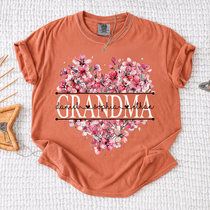 Comfort Colors Floral Heart Grandma Shirt, Custom Family Names and Heart Floral Design T Shirt