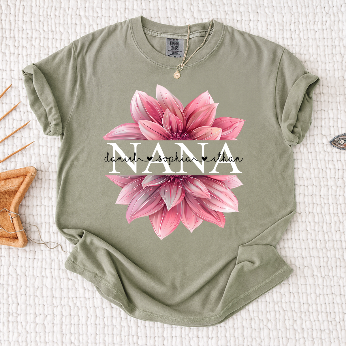 Comfort Colors Personalized Nana Shirt with Pink Lotus Flower Design, Custom Gift for Grandma with Grandkids Names