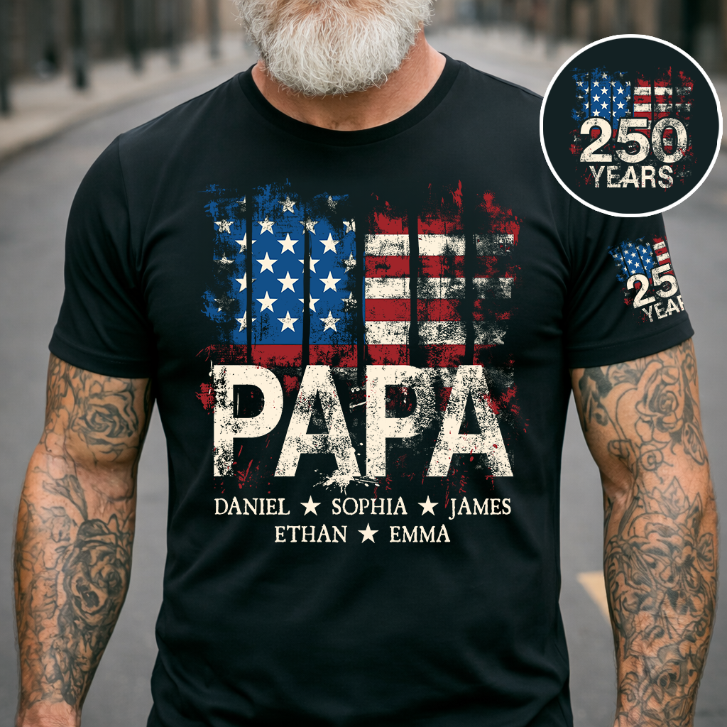Custom Papa Shirt, 250th Anniversary USA Flag Design, Personalized with Grandkids Names, Patriotic Gift