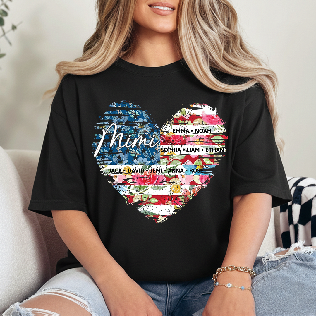 Personalized Mimi Heart Shirts With Children's Names, Family T-Shirts With Stylized Floral And American Flag Designs