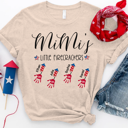 Personalized Mimi's Little Firecrackers T Shirt, Custom Grandchildren Names with Firework Handprint Design