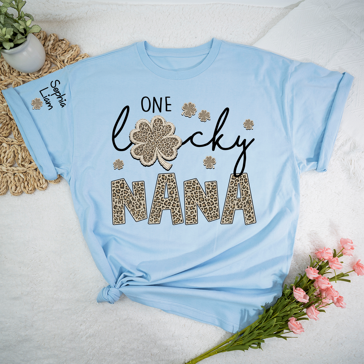 Lucky Nana Shirt, One Lucky Nana with Clover and Leopard Print, Personalized Grandma T-Shirt, St. Patrick’s Day Apparel