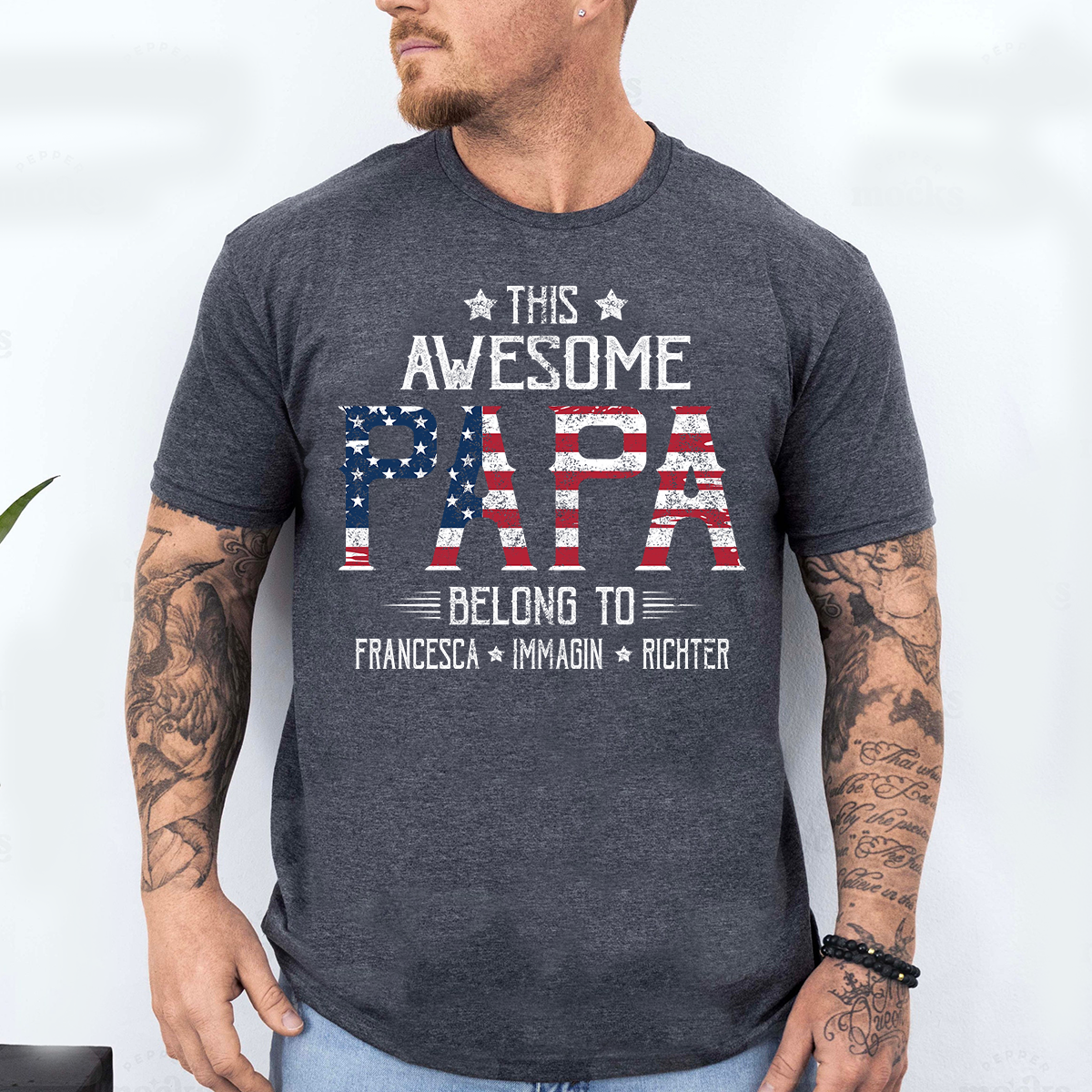 Personalized This Awesome PAPA Belongs To T Shirt, Custom Family Names with American Flag Design, Perfect Gift for Father’s Day