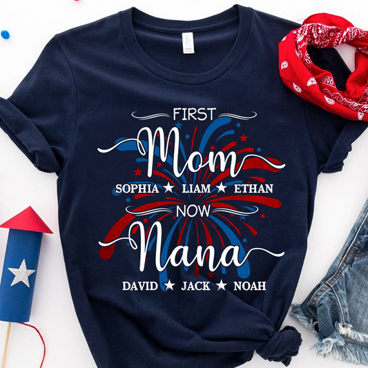 Custom Printed T-shirts Featuring American Fireworks For First Mom, Now Grandma, Patriotic T-shirts With Personalized Family Names For Grandma And Her Grandchildren