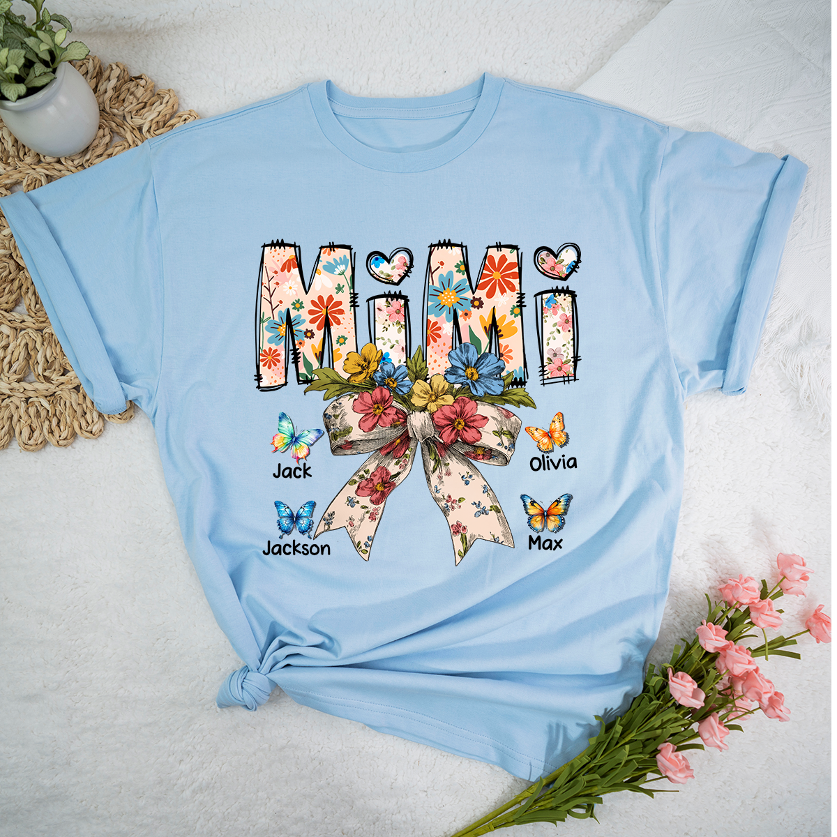 Personalized Mimi Flower Bow Butterfly With Grandkids Mother's Day TH T-Shirt