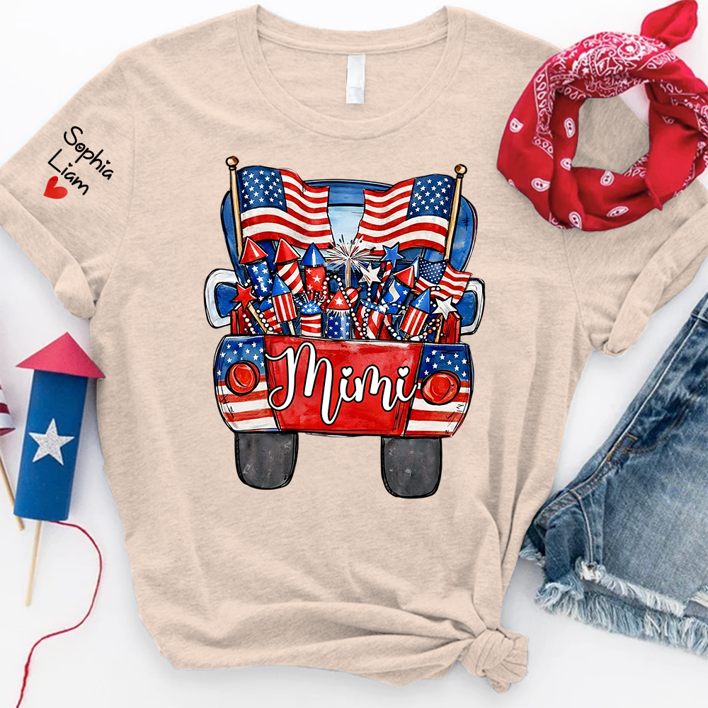 Personalized Mimi Shirt, Patriotic Truck Fireworks Design, Custom Name Sleeve, Fourth of July Shirt, Independence Day Family Outfit