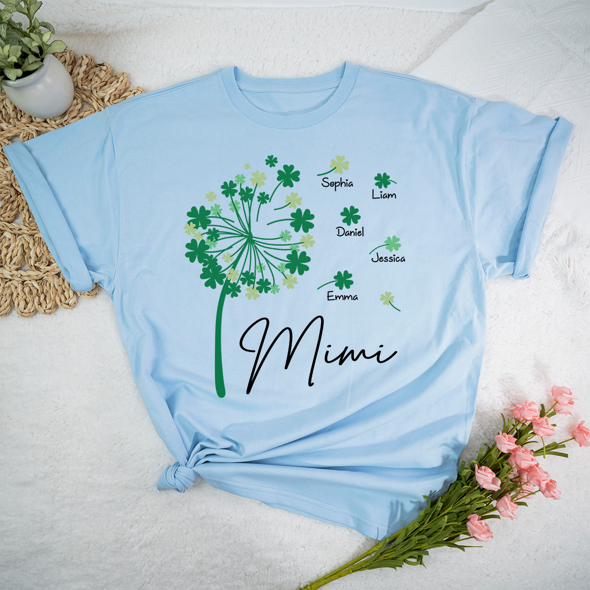 Personalized Mimi Shirt with Kids Names, Shamrock Dandelion Design, St Patricks Day Family Shirt for Grandma, Custom Lucky Mimi T Shirt
