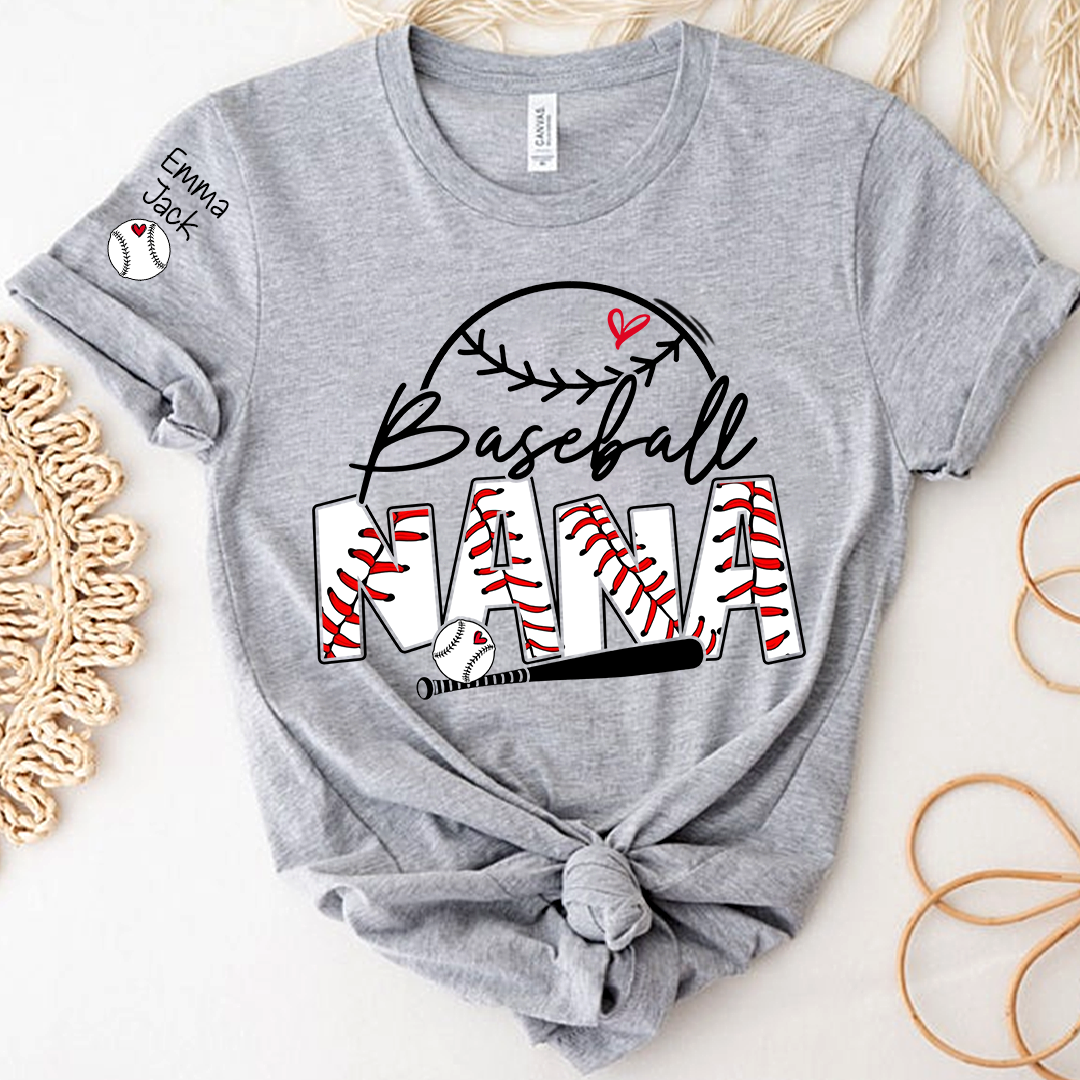 Baseball Nana Shirt Personalized with Grandkids Names, Sports Heart and Bat Family T Shirt