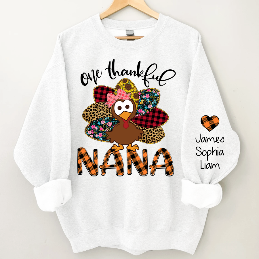 Personalized One Thankful Grandma Turkey Cute Sweatshirt, Custom Grandma and Grandkids Sweatshirt