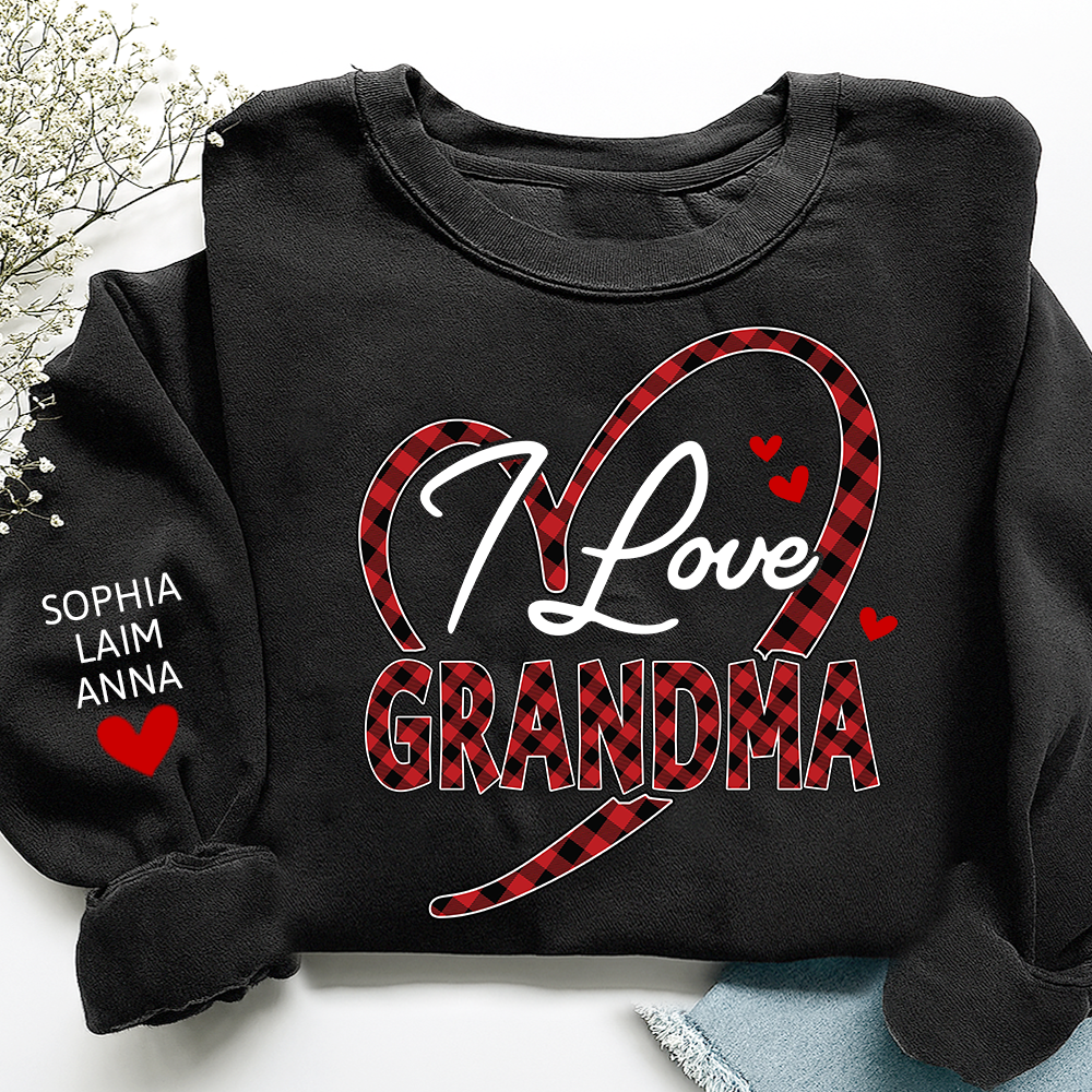 Custom Grandma Sweatshirt with Grandchildren Names, I Love Grandma Plaid Heart Crewneck