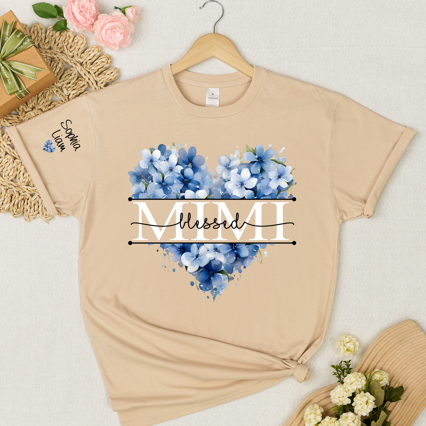 Personalized Blessed Mimi Floral Heart T Shirt, Custom Family Names with Beautiful Blue Flowers, Perfect Gift for Mimi