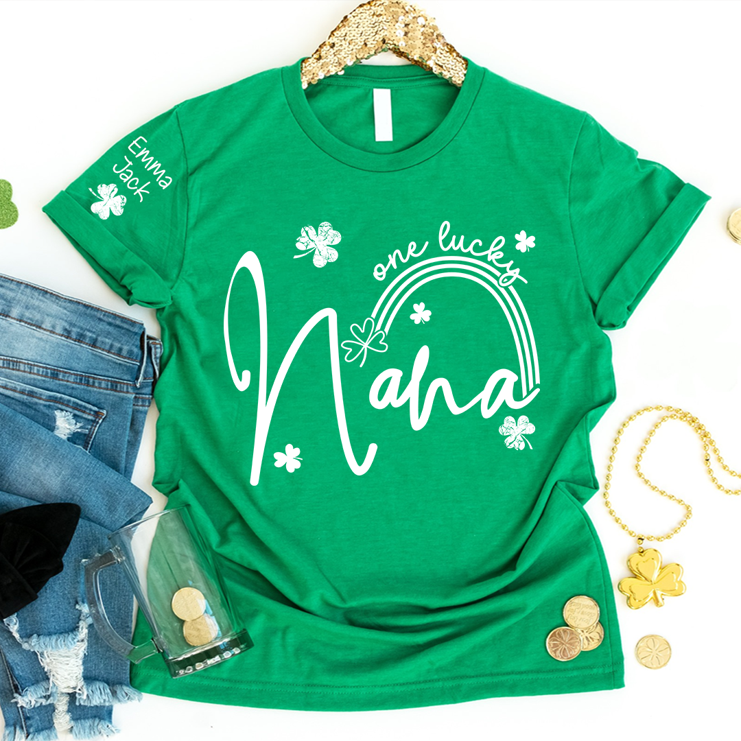 One Lucky Nana St Patrick’s Day T-Shirt, Personalized Shamrock Family For Grandma And Kids