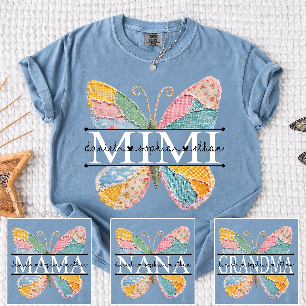 Comfort Personalized Mimi Shirt with Grandkids Names, Butterfly Patchwork Design Family Tee