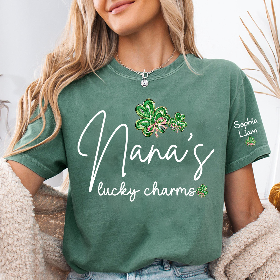 Nana’s Lucky Charms Shirt Personalized Grandma Name Tee with Shamrock Design St Patrick Theme Gift for Nana