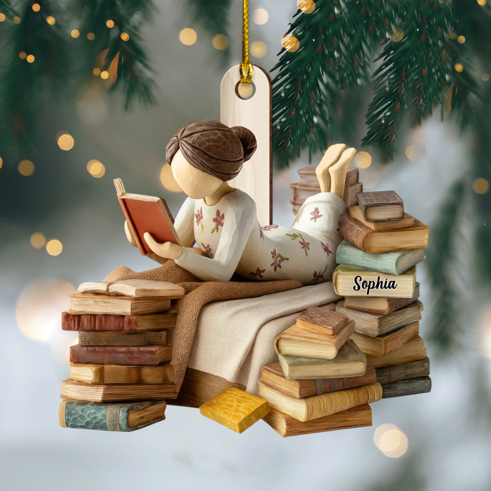 Personalized Book Lover Ornament – Custom Name Girl Reading Christmas Tree Decoration 2025 Ornament