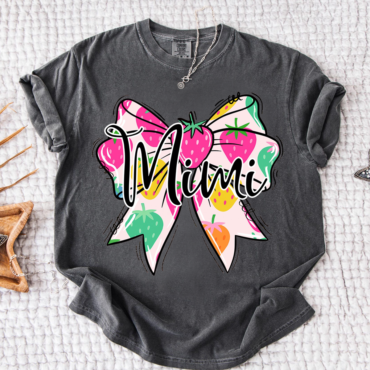 Comfort Colors® Mimi Strawberry Bow Shirt, Cute Grandma Bow Shirt for Women, Fruit Pattern Mimi Tee, Gift for Mimi And Kids