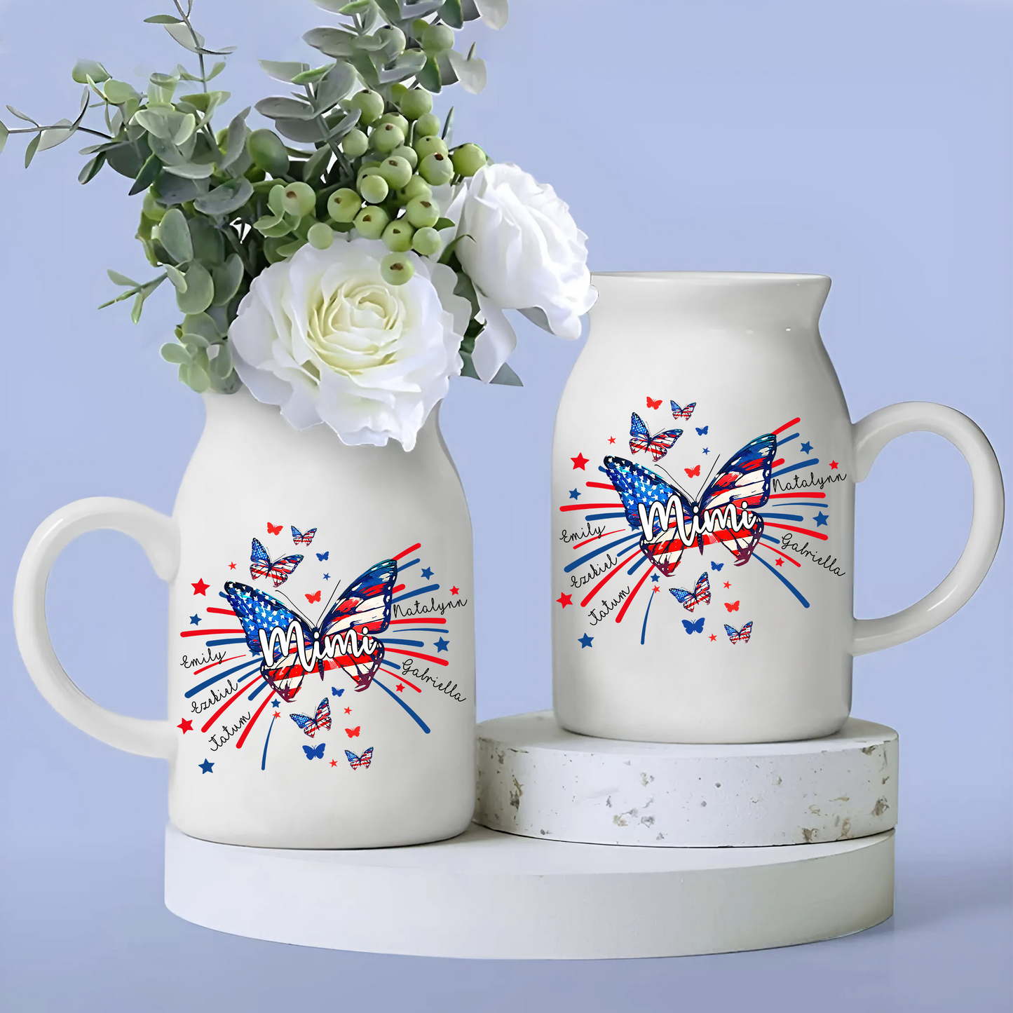 American Patriotic Grandmother Flag Stars And Kids - Custom Home Decoration Flower Vase According To Family Requirements - Warm Gift For Mother's Day, Ceramic Flower Vase