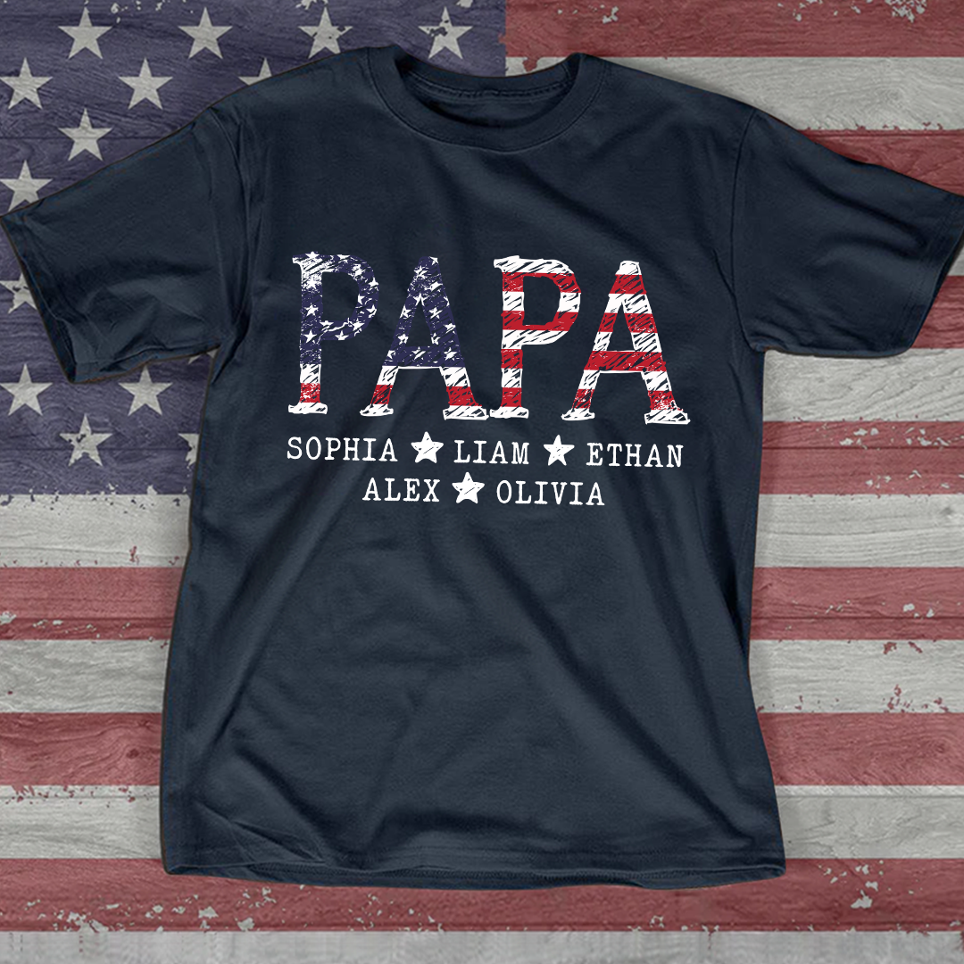 Personalized Papa 4th July Independence Day American Flag T-Shirt, Patriotic gift for grandpa And Kids