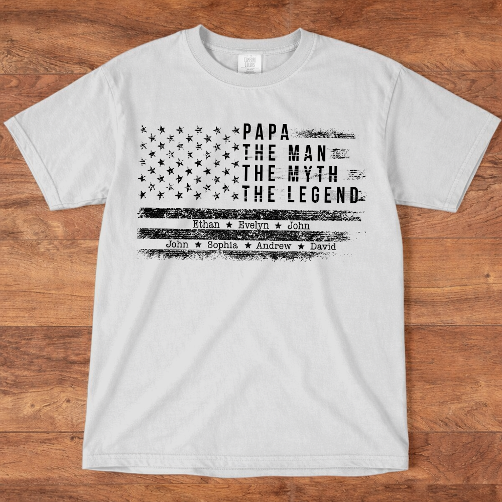 Comfort Colors Personalized Papa The Man The Myth The Legend Shirt – Custom Dad Gift with Kids Names and American Flag Design