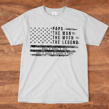 Comfort Colors Personalized Papa The Man The Myth The Legend Shirt – Custom Dad Gift with Kids Names and American Flag Design