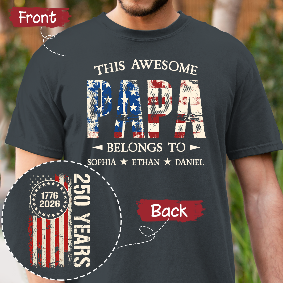 Custom This Awesome Papa Belongs To Shirt, Personalized with Grandkids Names, 250 Years American Flag Design