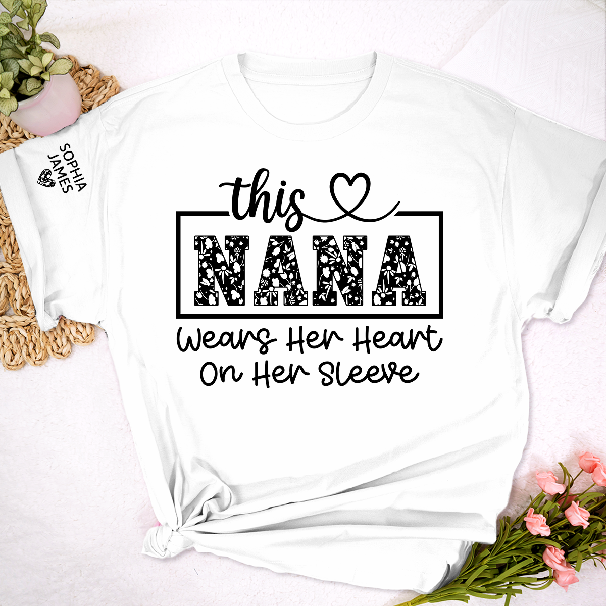 This Nana Wears Her Heart on Her Sleeve Floral T-Shirt, Custom Nana Gift for Grandmother