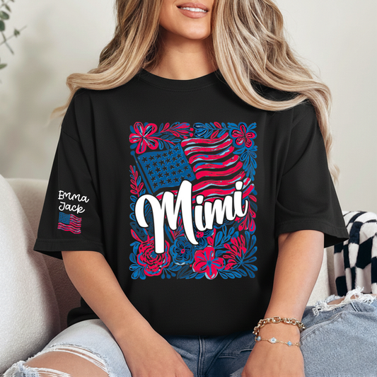 Mimi American Flag Floral Shirt, Custom Grandkids Names Family T Shirt