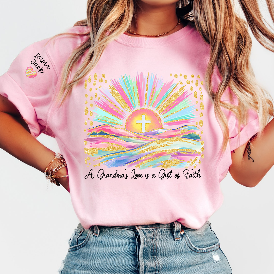 Faith Christian Grandma T-Shirt, Pastel Colorful Sunrise Cross Tee, Cute Personalized Gift for Grandma And Kids