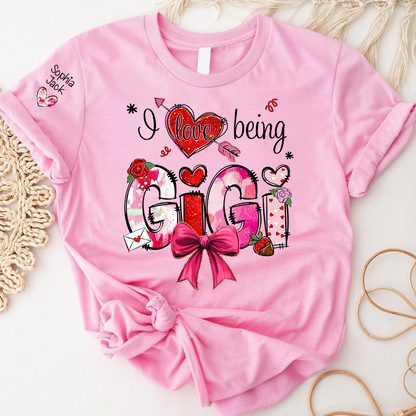 Personalized I Love Being A Nana Valentine's Day T-shirt Cute bows And Strawberries, Gifts for Grandma And Children