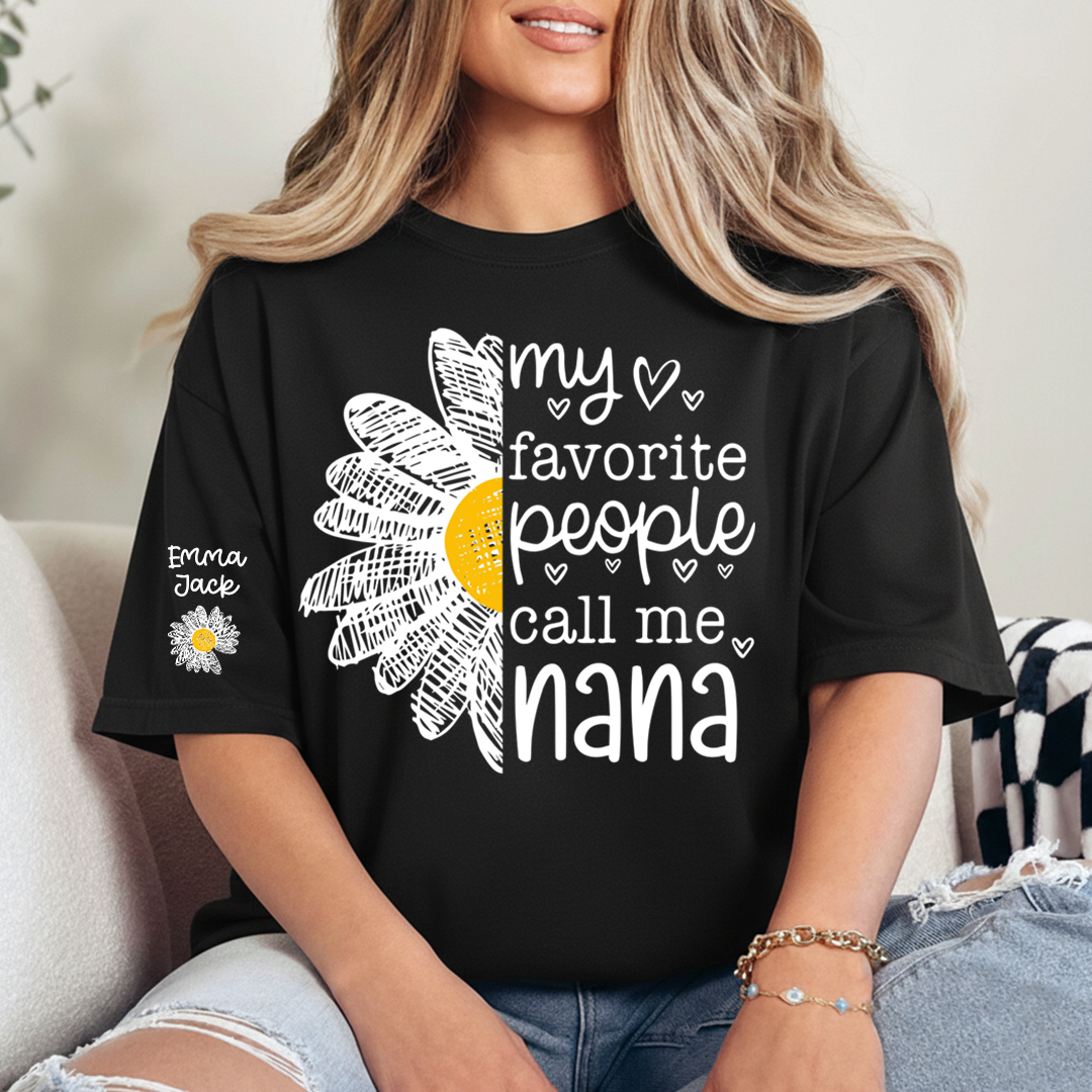 Personalized Nana Floral Shirt with Daisy and Sun Graphics, Custom Grandkids Names