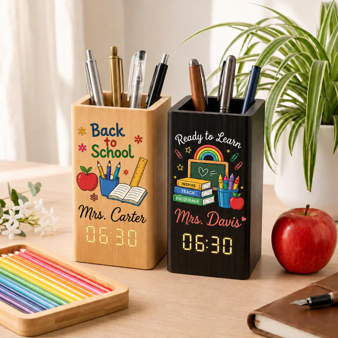 Teacher Pen Holder With Clock, Personalized Wooden Desk Organizer, Back To School Gift For Teacher, Classroom Supplies Decor