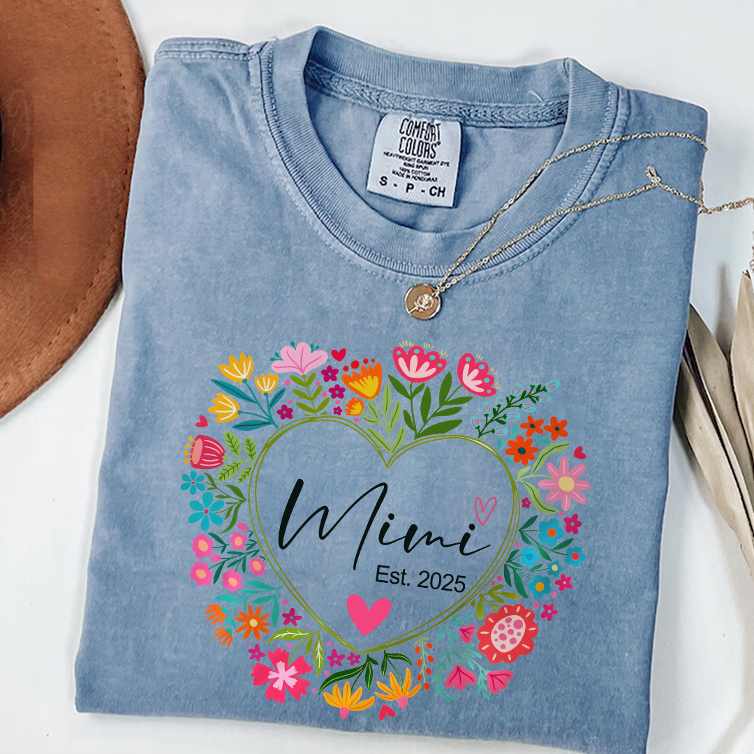 Comfort Colors® Mimi Heart Flower Est T-Shirt, Custom Grandma With Grandkids Shirt