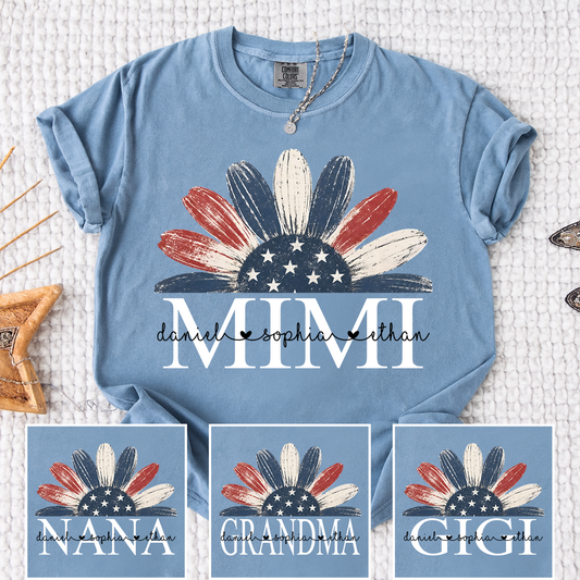 Comfort Colors Floral Mimi T Shirt, Custom Name Design with American Flag, Personalized Grandma Gift, Patriotic 4th of July Shirt