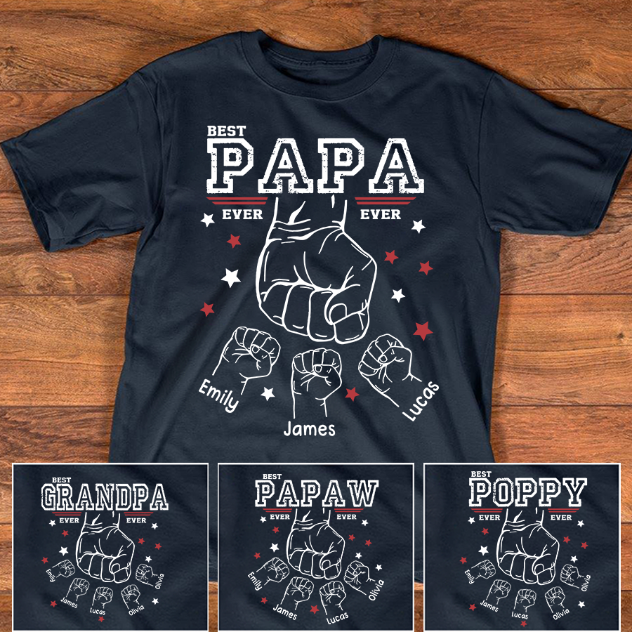 Best Papa Ever Shirt, Personalized Grandpa Fist Bump T Shirt with Kids Names, Custom Papa Papaw Poppy Grandpa Gift for Father's Day Birthday Tee