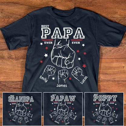 Best Papa Ever Shirt, Personalized Grandpa Fist Bump T Shirt with Kids Names, Custom Papa Papaw Poppy Grandpa Gift for Father's Day Birthday Tee