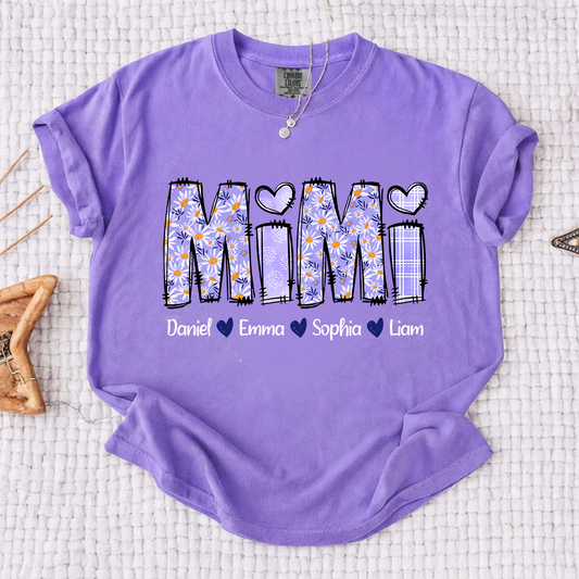 Personalized Mimi Shirt Floral Patchwork Design Custom Grandma Nana Gigi Name Tee with Grandkids Names Soft Vintage Style Family Gift for Women