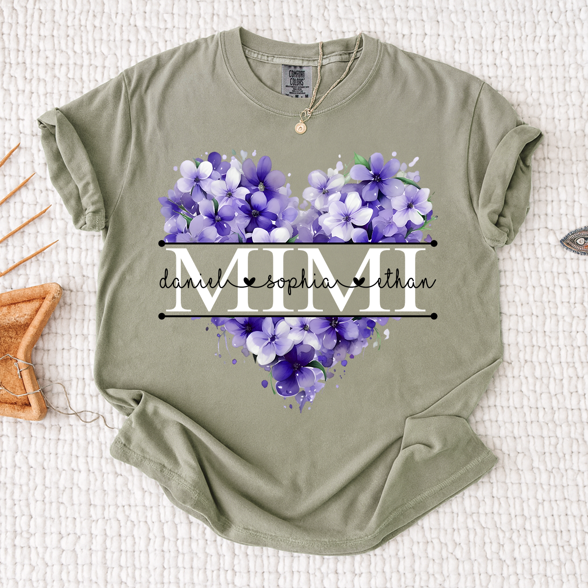 Comfort Colors Personalized MIMI T Shirt, Custom Family Names with Purple Floral Heart Design, Perfect Gift for Mimi