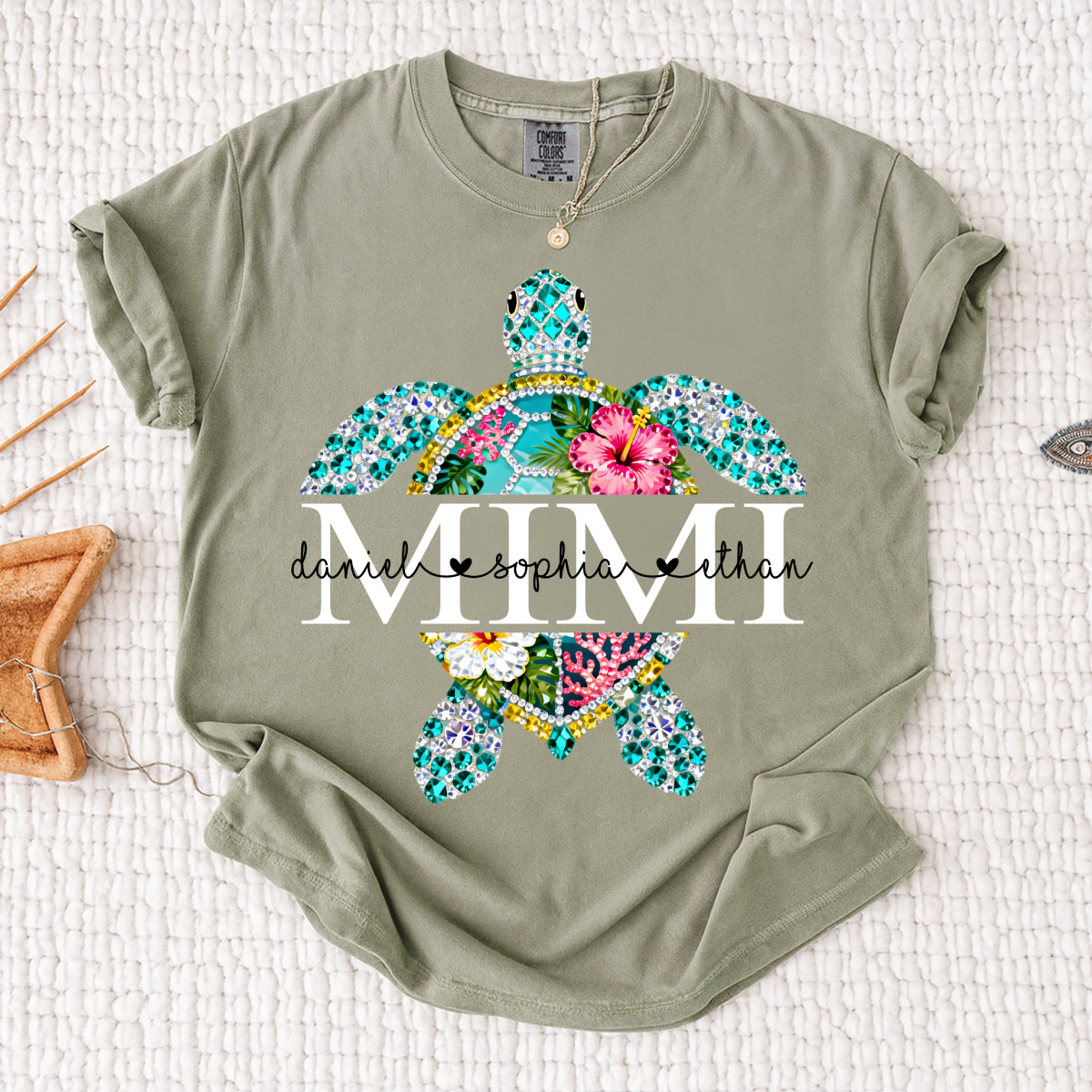 Comfort Colors Custom Mimi Turtle Monogram Shirt – Personalized Family Name Turtle Graphic Tee, Ocean Lover Gift for Women