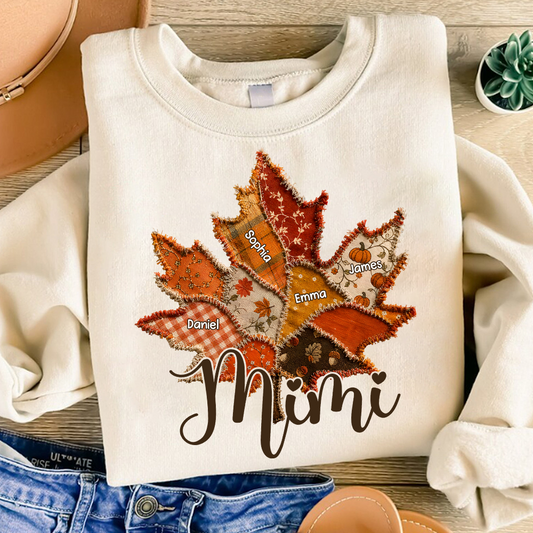 Personalized Mimi Fall Sweatshirt, Custom Grandkids Names Leaf Patchwork Sweatshirt, Autumn Grandma Gift, Cozy Thanksgiving Outfit