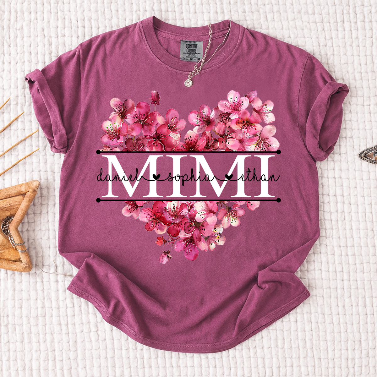 Comfort Personalized Mimi Shirt with Grandkids Names, Pink Floral Heart Family T Shirt