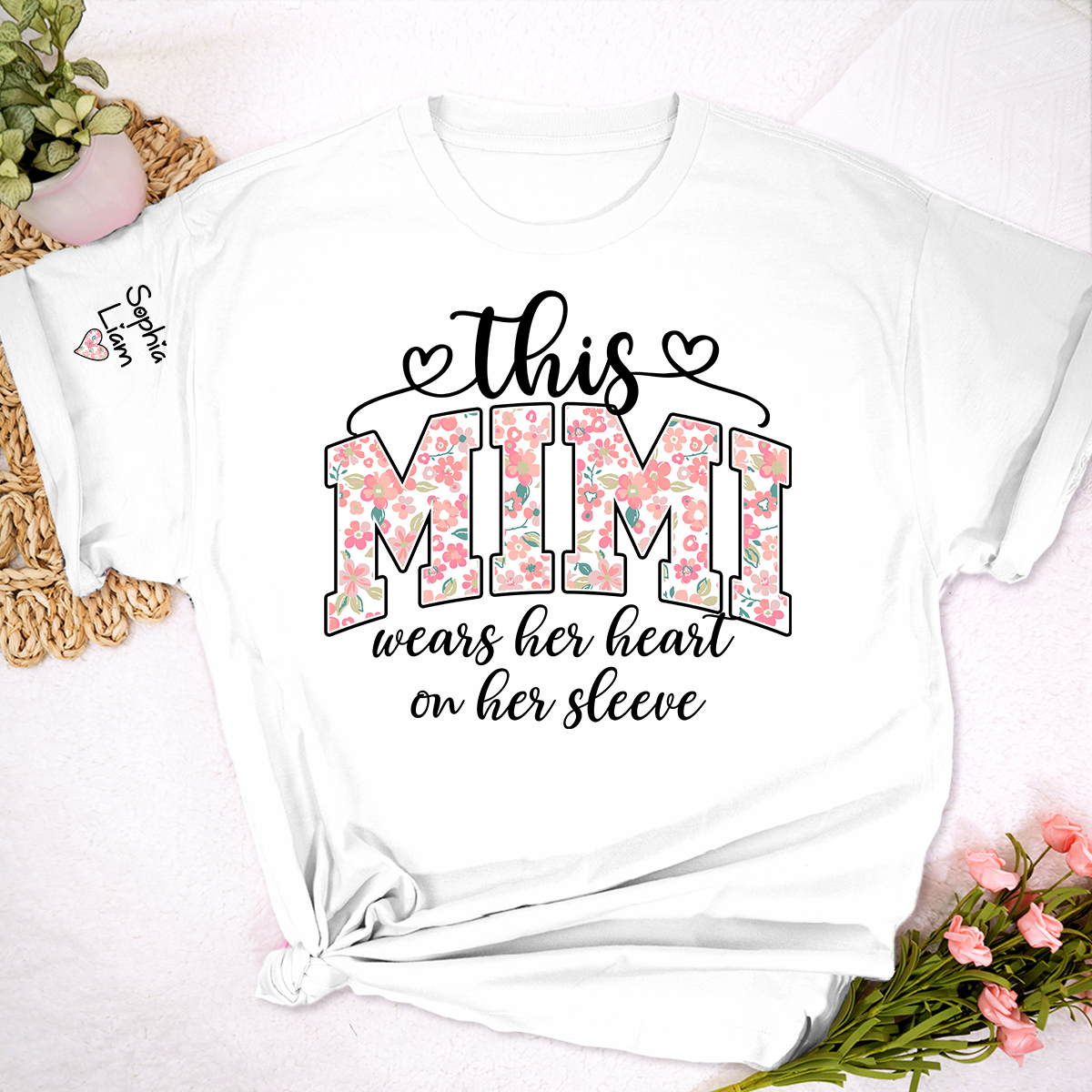 This Mimi Wears Her Heart On Her Sleeve Shirt, Personalized Mimi Shirt with Kids Names on Sleeve, Custom Grandma Gift