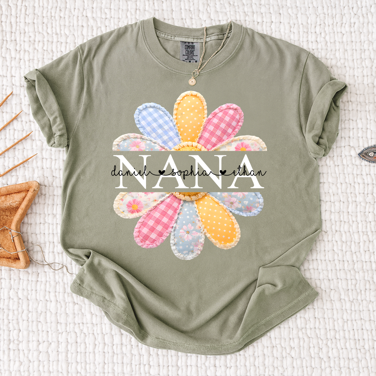 Comfort Colors Personalized Nana Shirt with Colorful Patchwork Daisy – Custom Grandma Gift with Grandkids  Names