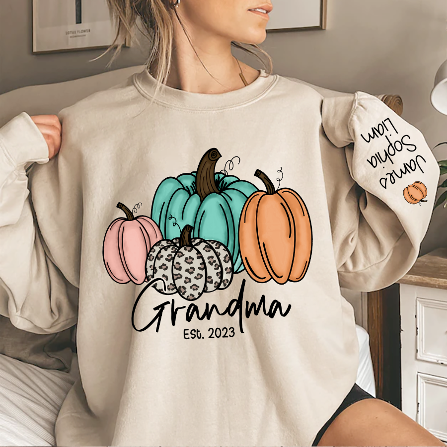 Grandma Est Fall Pumpkin Sweatshirt, Custom Grandma Est And Kids Autumn, Grandma Gift TH