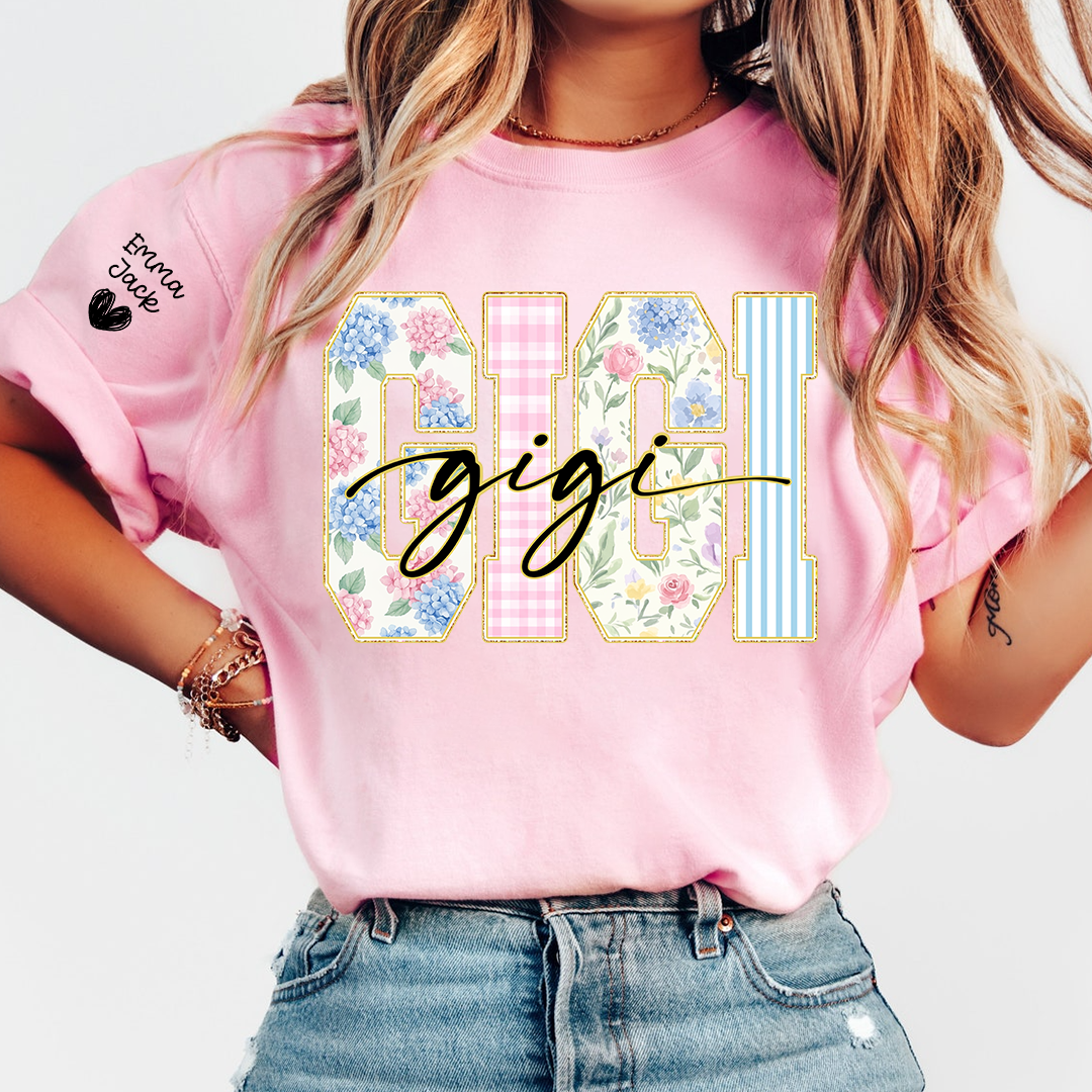 Custom Gigi T Shirt for Women, Personalized Grandma Tee, Floral Pattern Letters Graphic Shirt, Family Love Gift for Gigi